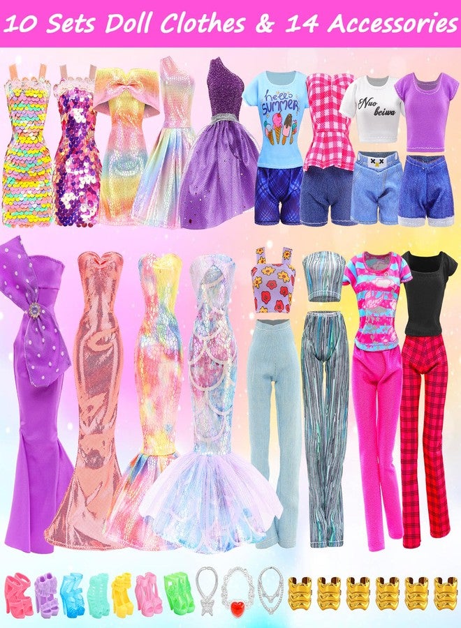 BARWA Doll Clothes 10 Sets Mermaid Princess Sequins Party Evening Long Dress Fashion Skirts, Tops and Pants, Necklace, Jewelry, Shoes for 11.5 inch Girl Dolls - Image 2