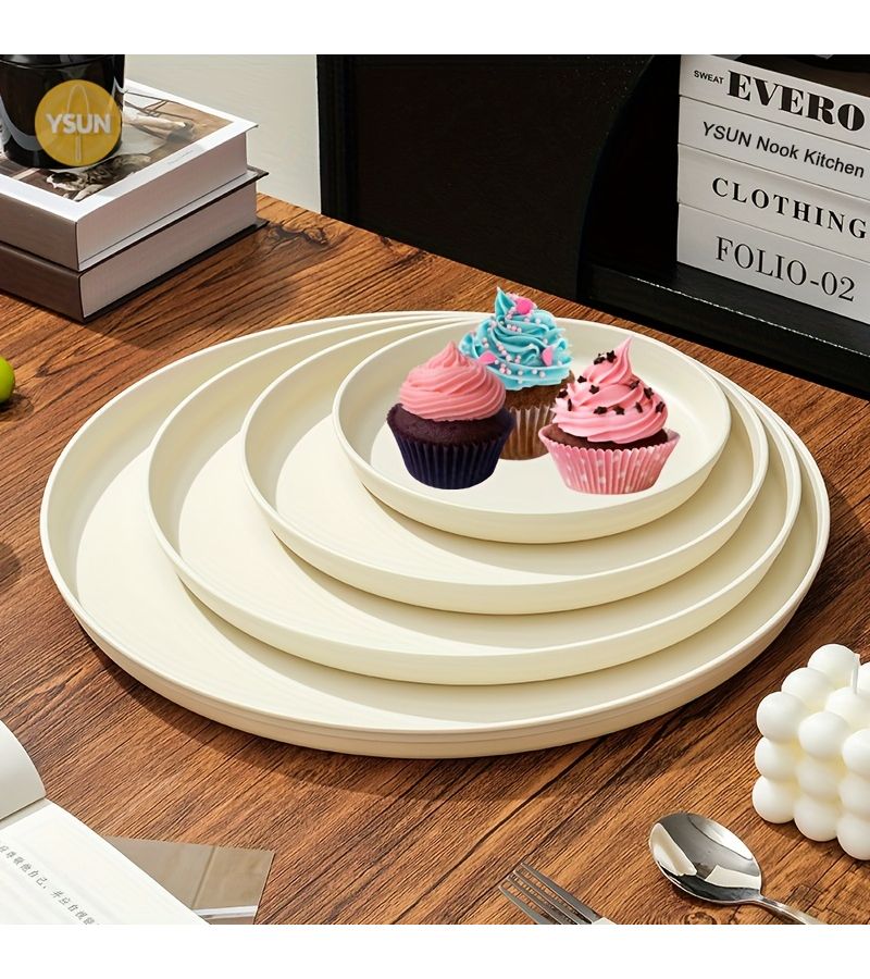 5pcs Cream White Plastic Serving Tray 26cm Durable Lightweight for Breakfast Dessert Buffet - Image 1