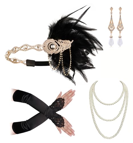 Cizoe 1920s Gatsby Accessories Set for Women Flapper Headband 20s Headpiece Necklace Glovesdb - Image 1