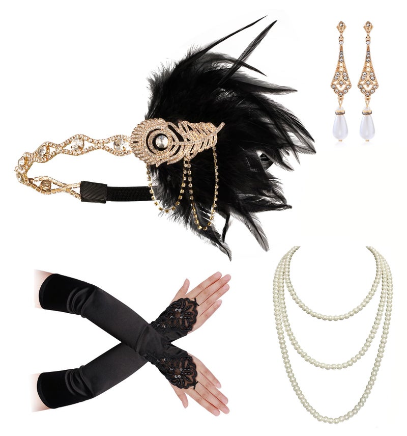 Cizoe 1920s Gatsby Accessories Set for Women Flapper Headband 20s Headpiece Necklace Glovesdb - Image 2