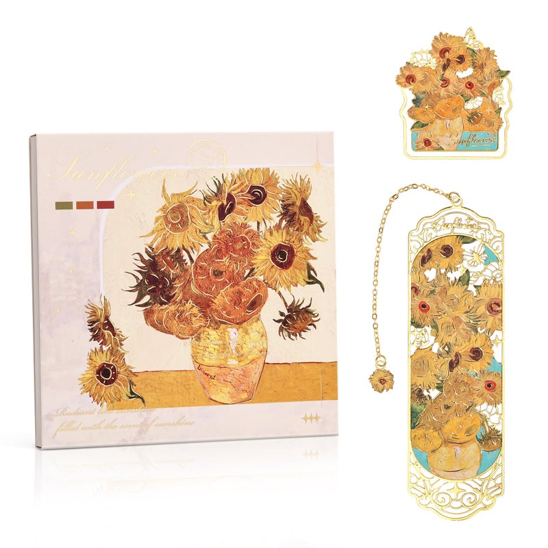 emmoolife Luxury Metal Bookmark & Book Clip Gift Set, Oil Painting Themed Sunflowers, 1 Bookmark with Pendant + 1 Book Clip, Elegant Christmas New Year Gift Box for Women Book Lovers Writers Readers Teens - Image 1