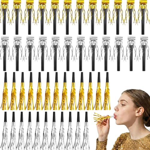 Skylety 48 Pcs Noise Makers Glitter Noise Makers Metallic Fringed Party Blowers Noisemakers Horns for Adults Birthday Graduation Sporting Events 2026 New Years Party Favor Supplies Gold Silver - Image 1