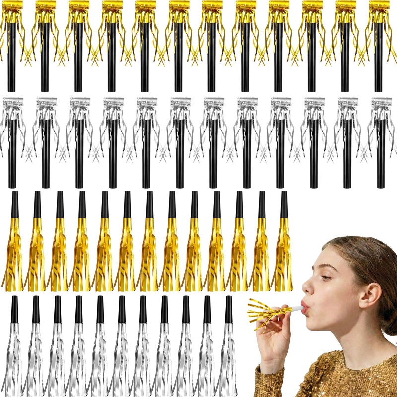 Skylety 48 Pcs Noise Makers Glitter Noise Makers Metallic Fringed Party Blowers Noisemakers Horns for Adults Birthday Graduation Sporting Events 2026 New Years Party Favor Supplies Gold Silver - Image 2