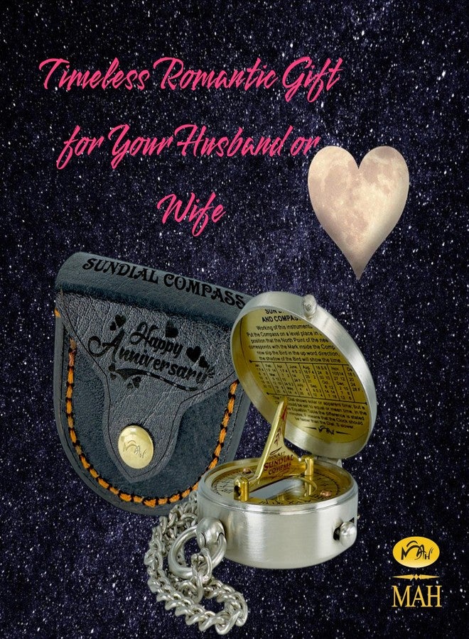 MAH بوصلة شمسية جيبية هدية مثالية للذكرى السنوية، مناسبة للرجال والنساء - أفكار هدايا مميزة للزوج أو الزوجة، ساعة شمسية مع مخطط إرشادي؛ احتفال بذكرى زواج الرجال الخمسين، الأربعين، الخامسة والعشرين، العشرين، والسنة الأولى - Image 4