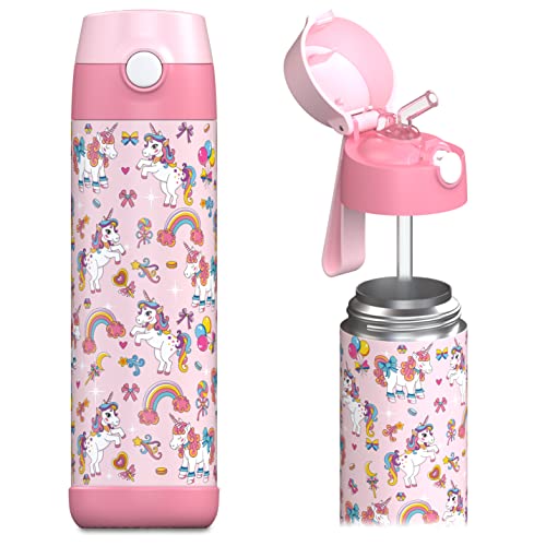 Jarlson kids water bottle with straw - CHARLI - insulated stainless steel water bottle - thermos - girls/boys (Unicorn 'Mosaic', 18 oz) - Image 1