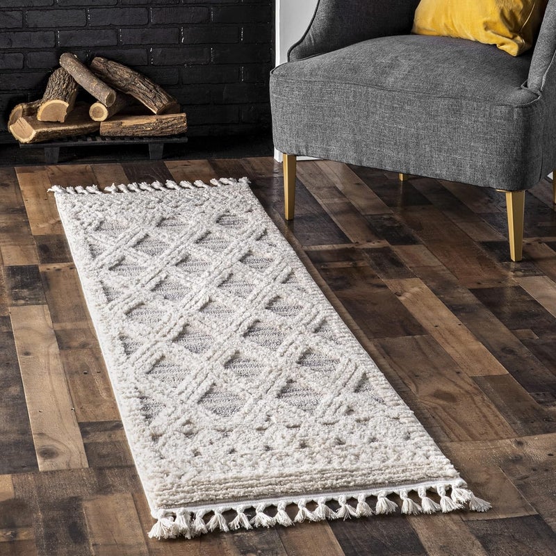 nuLOOM 2x6 Ansley Moroccan Tassel Area Rug Light Grey HighLow Textured Bohemian Design Plush High Pile Stain Resistant For Bedroom Living Room Hallway Entryway