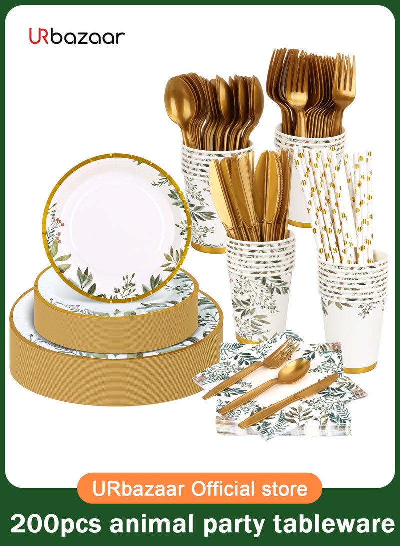 URbazaar 200 Pcs Plates and Napkins, Guest Spring Party Supplies Include Scalloped Paper Plates Napkins Cups Plastic Spoons Forks Knives Disposable Tableware Set for Baby Shower - Image 1