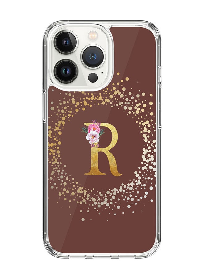 Stylizedd جراب شفاف كلاسيكي لهاتف iPhone 14 Pro، جراب هجين ناعم بحواف مرنة وغطاء رقيق - حرف أولي أحادي مخصص بنمط زهور أبجدي - R (بني) - Image 1