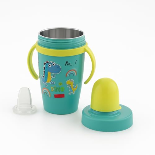 Nabhya Hot & Cold Stainless Steel Double Walled 360ml Sippy Cup Anti-Spill Soft Silicone Spout Baby Sipper & Side Handles with Cute Cartoon Design for Kids (Note -Color Random as Per Availability) - Image 1