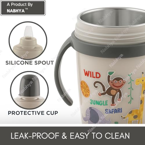Nabhya Hot & Cold Stainless Steel Double Walled 360ml Sippy Cup Anti-Spill Soft Silicone Spout Baby Sipper & Side Handles with Cute Cartoon Design for Kids (Note -Color Random as Per Availability) - Image 4