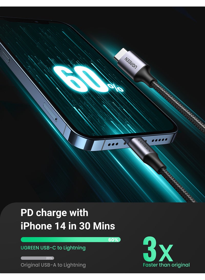 Ugreen iPhone Cable 1M [MFi Certified] USB C to Lightning Fast Charging Wire Braided Cord 20W Fast PD Charge for iPhone 14/14 Plus/ 14 Pro/14 Pro Max/iPhone 13/12/11/XS/Pro Max /Pro/Mini/SE/ ipad 9 Black - Image 2