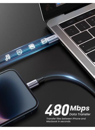 كابل شحن سريع للآيفون بطول 1 متر بمنفذ USB-C إلى لايتنينج مزود بسلك مضفر بقدرة 18 وات بتقنية PD لهاتف آيفون 14 و14 بلس و14 برو و14 برو ماكس وآيفون 13 و12 و11 وXS وبرو ماكس وبرو وميني وSE وجهاز آي باد 9 مضفر أسود بطول 1 متر - view 4