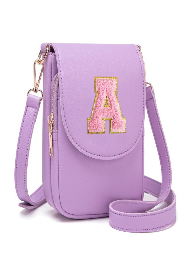 Viverte Crossbody Purse for Teen Girls Small Initial Cell Phone Toddler Purse Leather Triple Compartment Crossbody Bags, Lavender, A - Image 1