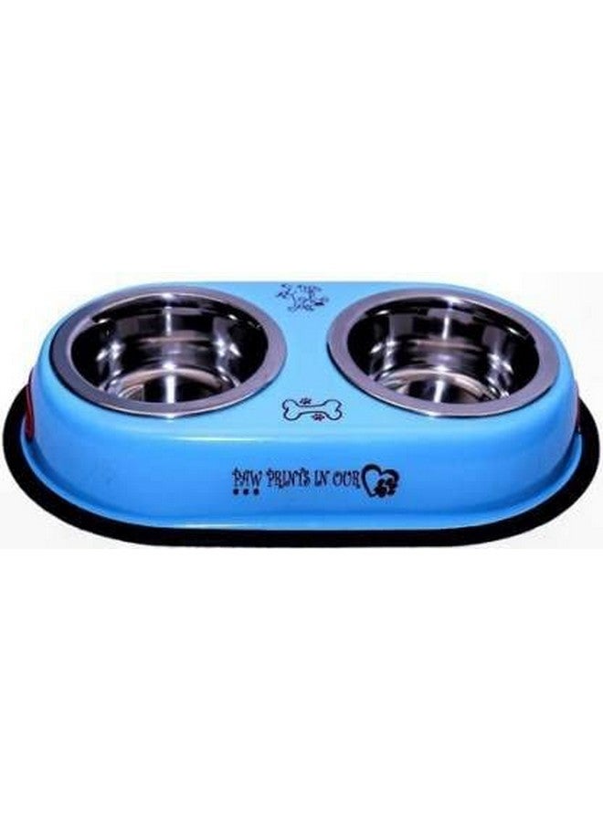 وعاء طعام مزدوج من الفولاذ المقاوم للصدأ للكلاب والقطط من SS PET Zone مع حصيرة مضادة للانزلاق (اللون برتقالي، أخضر عسكري، أزرق، أسود 2 × 600 مل) - Image 1