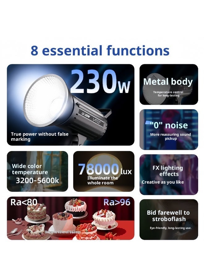 فلاشهوك مصباح فيديو احترافي COB بقوة 200 واط مع عاكس قياسي وجهاز تحكم عن بعد، هيكل معدني، تعتيم 3200-5600 كلفن، 78000 لوكس، للبث المباشر/التصوير الفوتوغرافي - Image 2