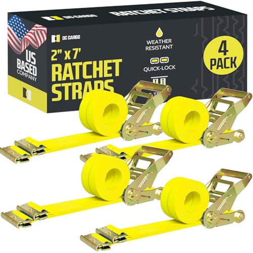 DC Cargo Mall أحزمة تثبيت الشحن الثقيلة من DC Cargo Mall E Track، أحزمة تثبيت الشحن E Track 2" x 12' (4 عبوة، أصفر) مع وصلات نابض E Track لتثبيت الدراجات النارية، الشاحنات، الفانات، المقطورات - Image 1