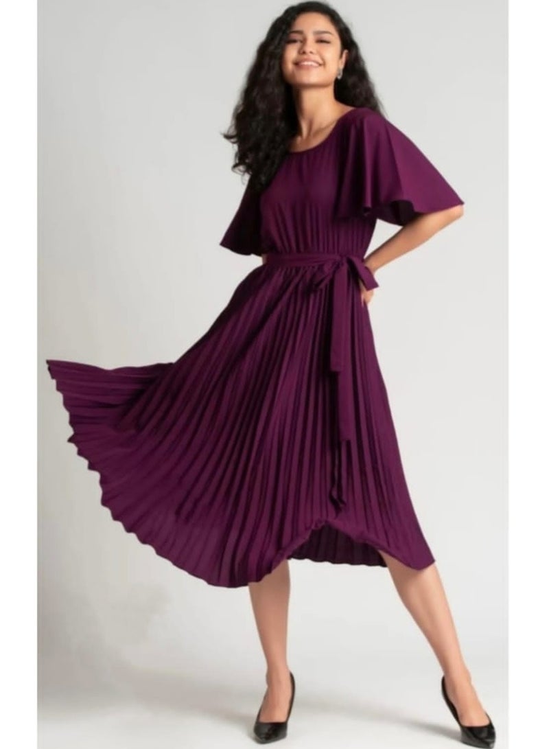 Women’s Deep Plum Pleated kurtha - Flutter Sleeve A-Line Party Dress with Waist Tie - Image 1