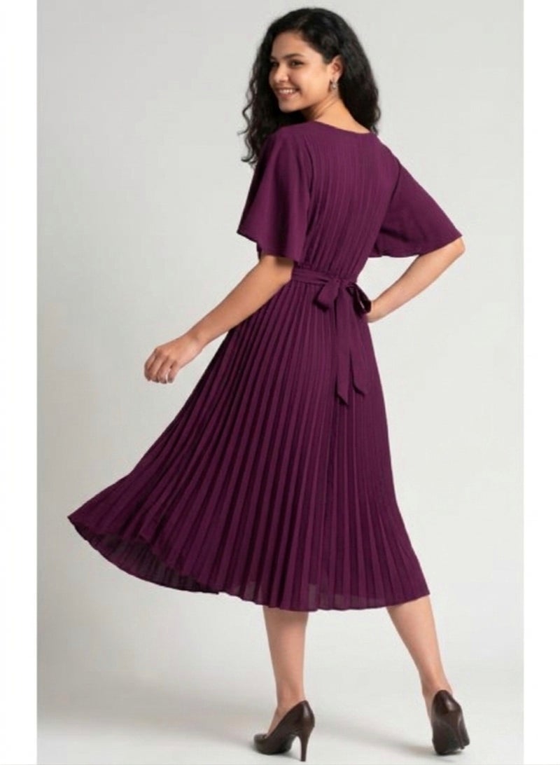 Women’s Deep Plum Pleated kurtha - Flutter Sleeve A-Line Party Dress with Waist Tie - Image 2