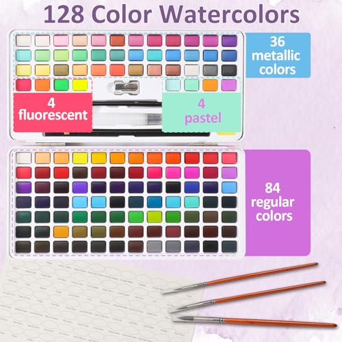 Caliart 128 Colors Watercolor Paint Set Portable, for Adults Artists Professionals Teen Girls Boys Beginners, Art Supplies Watercolor Painting Kit Sketch Coloring Drawing Christmas Gifts - Image 4