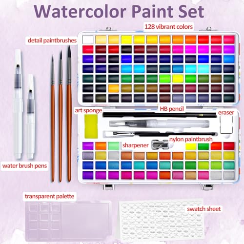 Caliart 128 Colors Watercolor Paint Set Portable, for Adults Artists Professionals Teen Girls Boys Beginners, Art Supplies Watercolor Painting Kit Sketch Coloring Drawing Christmas Gifts - Image 2