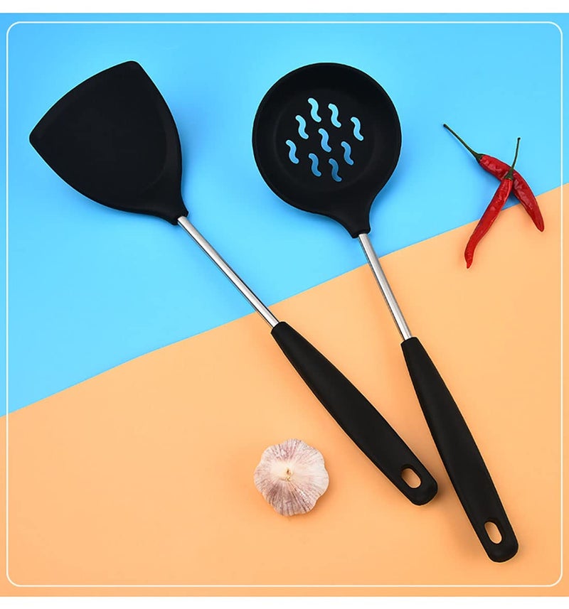 FS COOL FS COOL 38 CM Kitchen Ladle Strainer Set of Large Slotted Spoon with High Heat Resistant BPA Free Non Stick Cooking Skimmers for Draining FryingBlack Set of 1  - Image 3