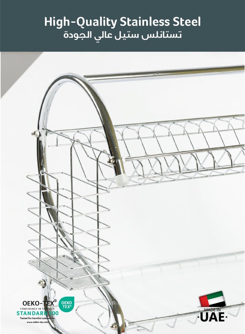 REST Rustproof Stainless Steel 2 Tier Dish Drying Rack, Dish Rack with Stable Footpad, Utensil & Cup Holders, Automatic Drainage Drainboard Large Capacity for Small Kitchen Silver - Image 3