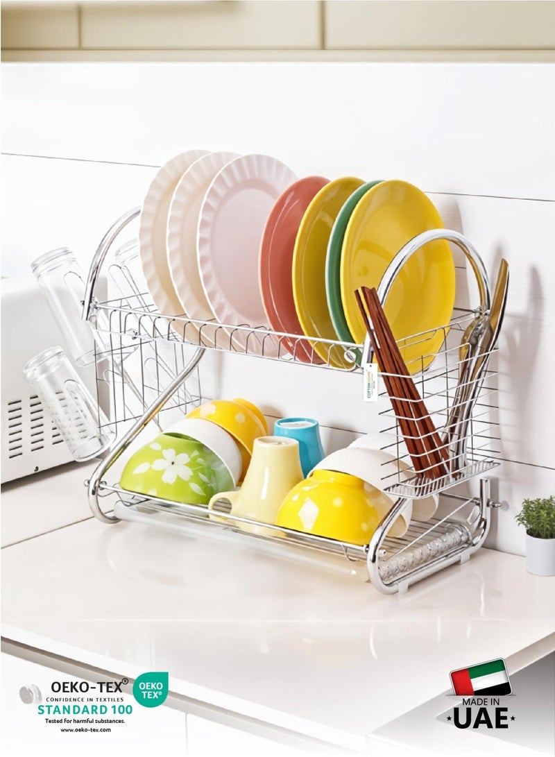 REST Rustproof Stainless Steel 2 Tier Dish Drying Rack, Dish Rack with Stable Footpad, Utensil & Cup Holders, Automatic Drainage Drainboard Large Capacity for Small Kitchen Silver - Image 1