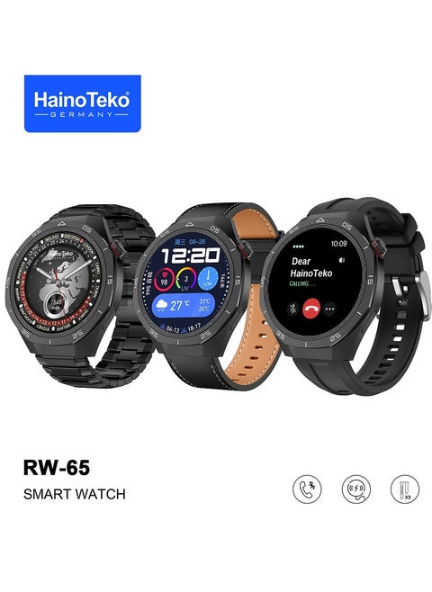 HainoTeko GT5 Pro Smartwatch RW-65 with Large Screen AMOLED Display Built-In Voice Assistant 3 Pair Premium Quality Straps and Charging Cable Designed For Men Black
