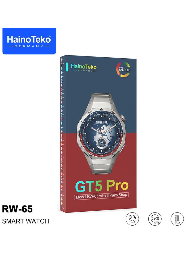 Haino Teko - HainoTeko GT5 Pro Smartwatch RW-65 with Large Screen AMOLED Display Built-In Voice Assistant 3 Pair Premium Quality Straps and Charging Cable Designed For Men Black - Image 1
