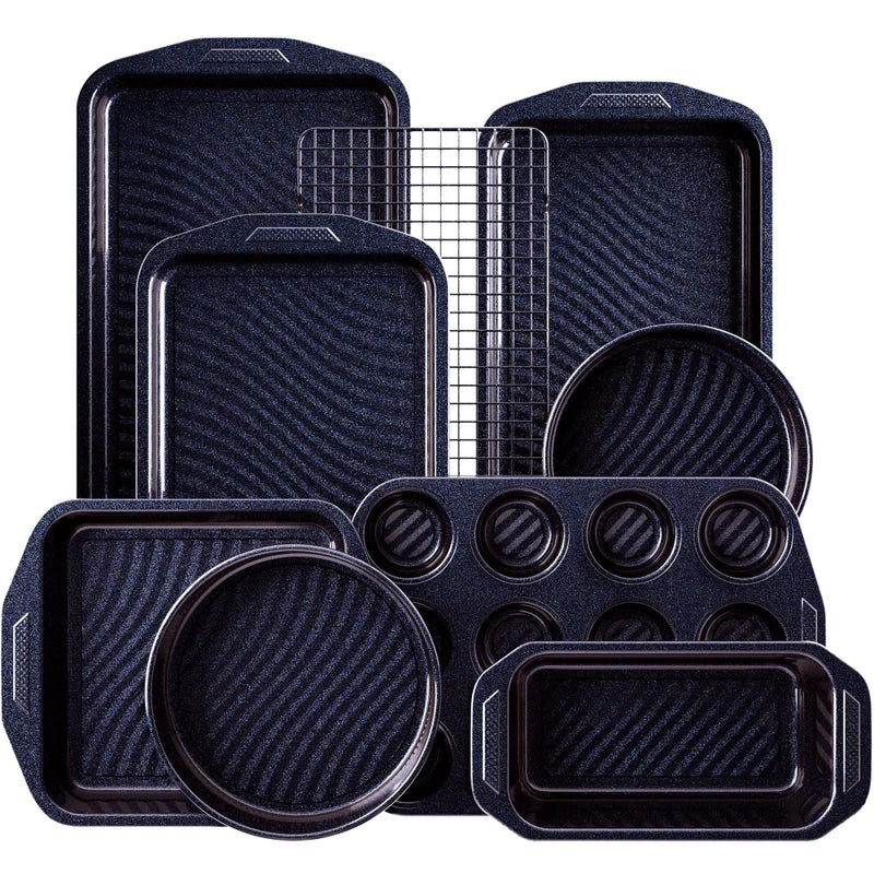 HONGBAKE 9-Piece Non Stick Baking Pans Set with Wave Texture for Reduced Oil, 0.8mm Thick Non Toxic Bakeware Sets, Includes Stackable Cookie Sheets for Oven Cooking, Cake Pan, Muffin Pan, Blue - Image 1
