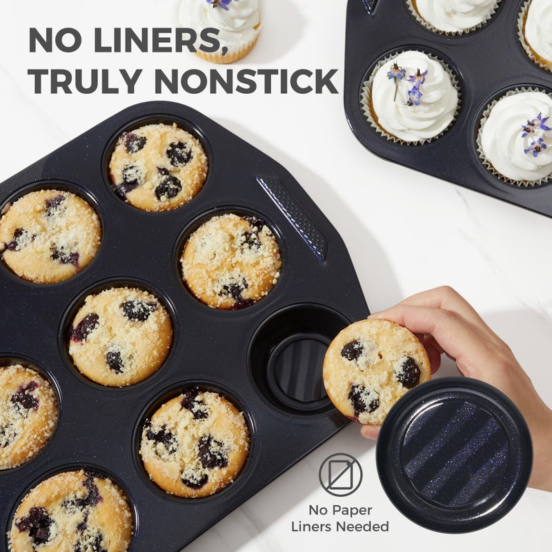 HONGBAKE 9-Piece Non Stick Baking Pans Set with Wave Texture for Reduced Oil, 0.8mm Thick Non Toxic Bakeware Sets, Includes Stackable Cookie Sheets for Oven Cooking, Cake Pan, Muffin Pan, Blue - Image 2