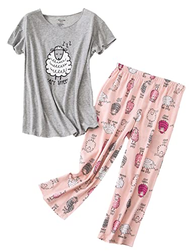 PNAEONG Women Pajama Set Sleepwear Tops with Capri Pants Casual and Fun Prints Pajama Sets Lazy Sheep 2XL - Image 1