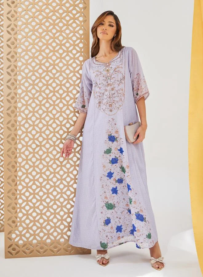 Amirah Printed Short Sleeve Jalabiya with Embellishment