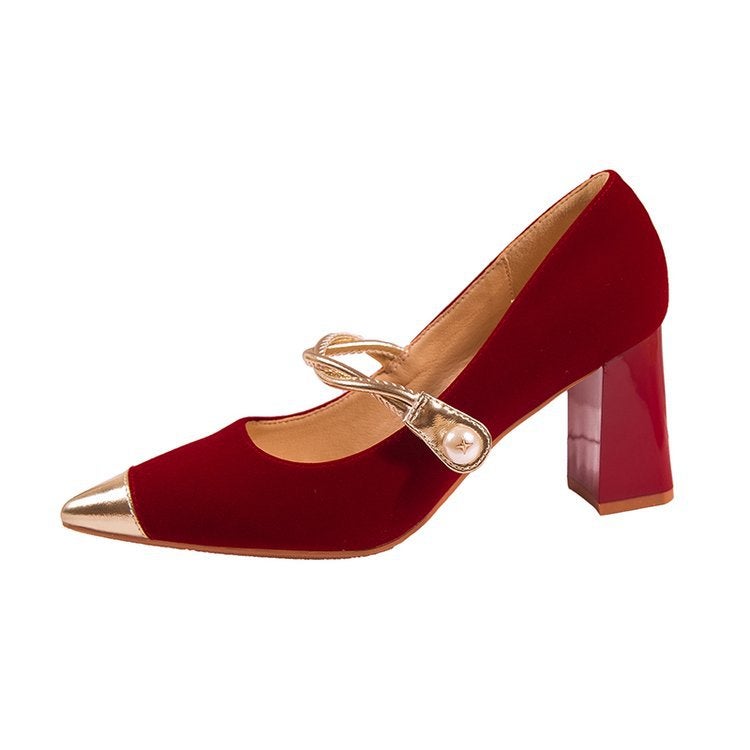 Red Mary Jane High Heels Wedding Shoes Women Xiuhe Wedding Dress Bridal Shoes Single Shoes - Image 1