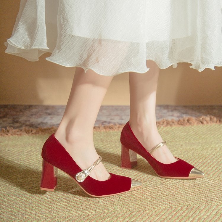 Red Mary Jane High Heels Wedding Shoes Women Xiuhe Wedding Dress Bridal Shoes Single Shoes - Image 3