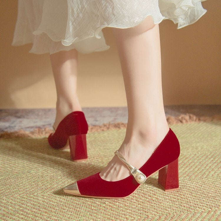 Red Mary Jane High Heels Wedding Shoes Women Xiuhe Wedding Dress Bridal Shoes Single Shoes - Image 5
