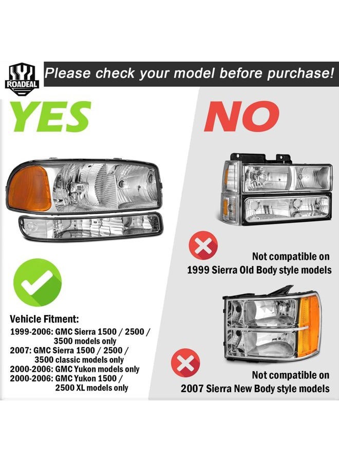 ROADEAL Headlights W/Bulbs for 1999-2007 GMC Sierra, for 2000-2006 GMC Yukon Halogen Headlamp Replacement Driver & Passenger Side - Image 2
