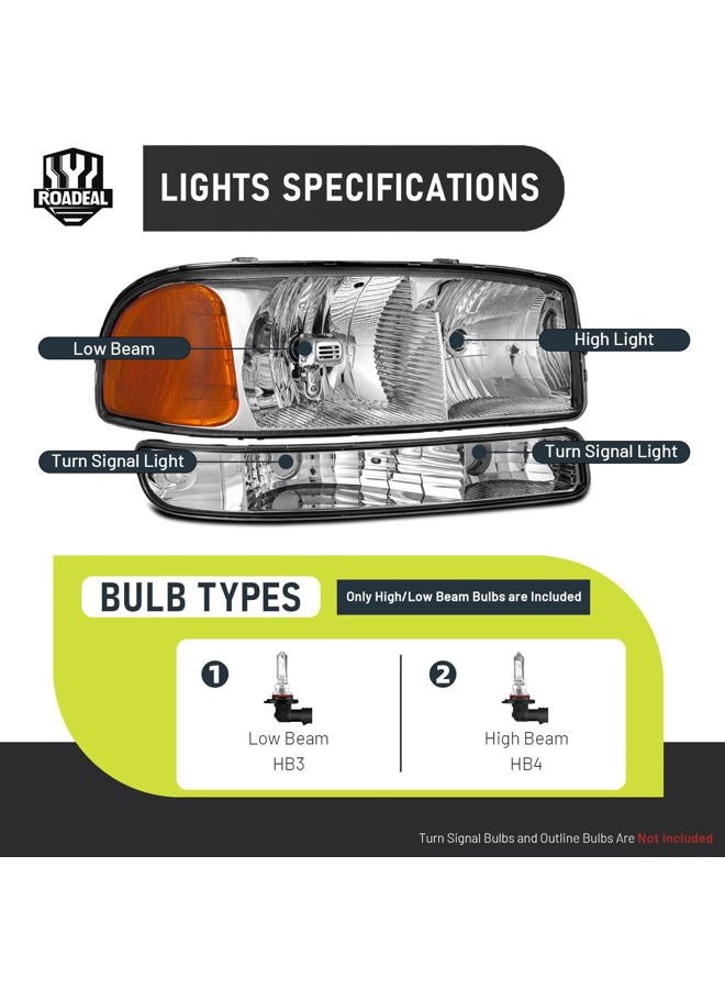 ROADEAL Headlights W/Bulbs for 1999-2007 GMC Sierra, for 2000-2006 GMC Yukon Halogen Headlamp Replacement Driver & Passenger Side - Image 4