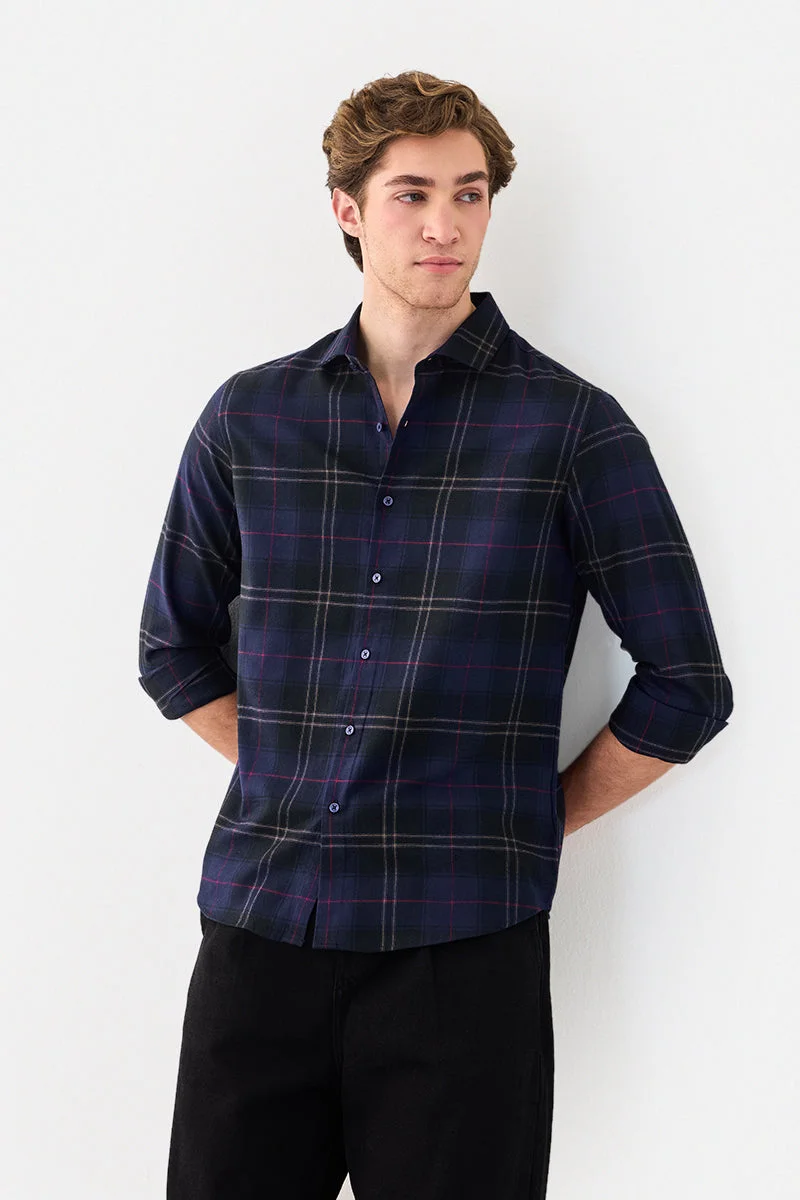 SNITCH Navy Checkered Long Sleeve Slim Fit Luxe Shirt