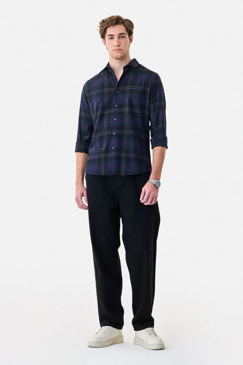 SNITCH Navy Checkered Long Sleeve Slim Fit Luxe Shirt