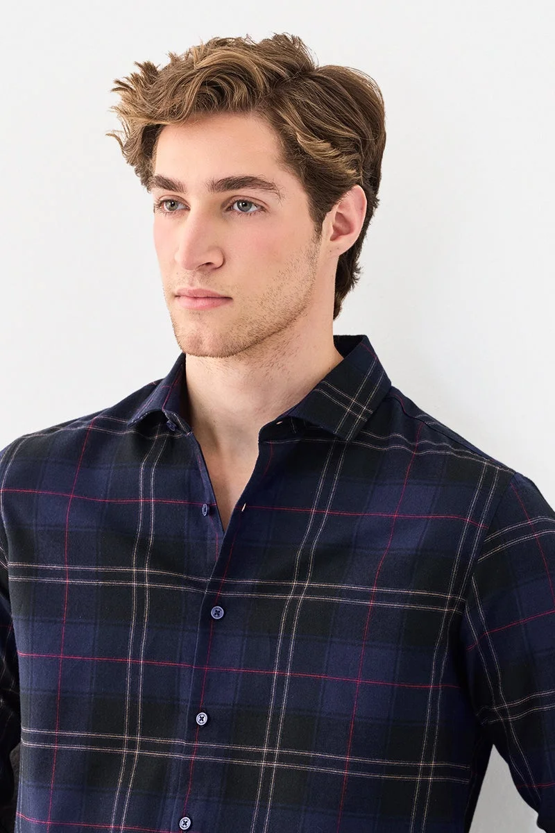 SNITCH Navy Checkered Long Sleeve Slim Fit Luxe Shirt