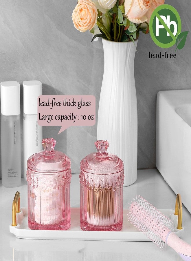 rejomiik 2 Pack Qtip Holder Glass Apothecary Jars with Lids Set Bathroom Canisters Dispenser Organizers and Storage for Cotton Swabs, Balls, Pads, Floss Picks, Candy, Pink - Image 2