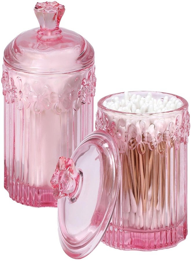rejomiik 2 Pack Qtip Holder Glass Apothecary Jars with Lids Set Bathroom Canisters Dispenser Organizers and Storage for Cotton Swabs, Balls, Pads, Floss Picks, Candy, Pink - Image 1