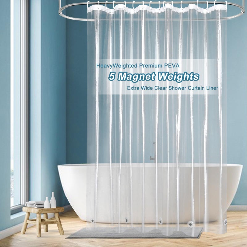EurCross EurCross 96 inch Extra Wide Clear Shower Curtain LinerWaterproof Heavy Duty PEVA Transparent Shower Liner 96x72 inch with 5 Magnets and 16 Plastic Hooks 