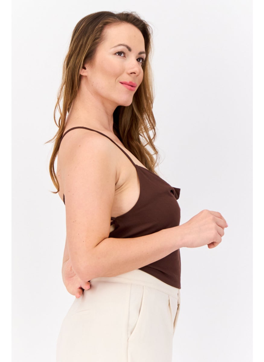 MANGO Women Scoop Neck Sleeveless Plain Tank Top, Brown  - Image 3