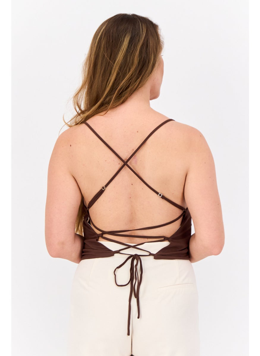 MANGO Women Scoop Neck Sleeveless Plain Tank Top, Brown  - Image 4