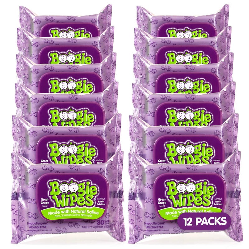 Boogie Saline Nose Wipes by Boogie, for Baby & Kids, Face, Hand & Body, FSA/HSA Eligible, Made with Vitamin E, Aloe, and Natural Saline, Grape Scent, 30 Count (Pack of 12) - Image 1