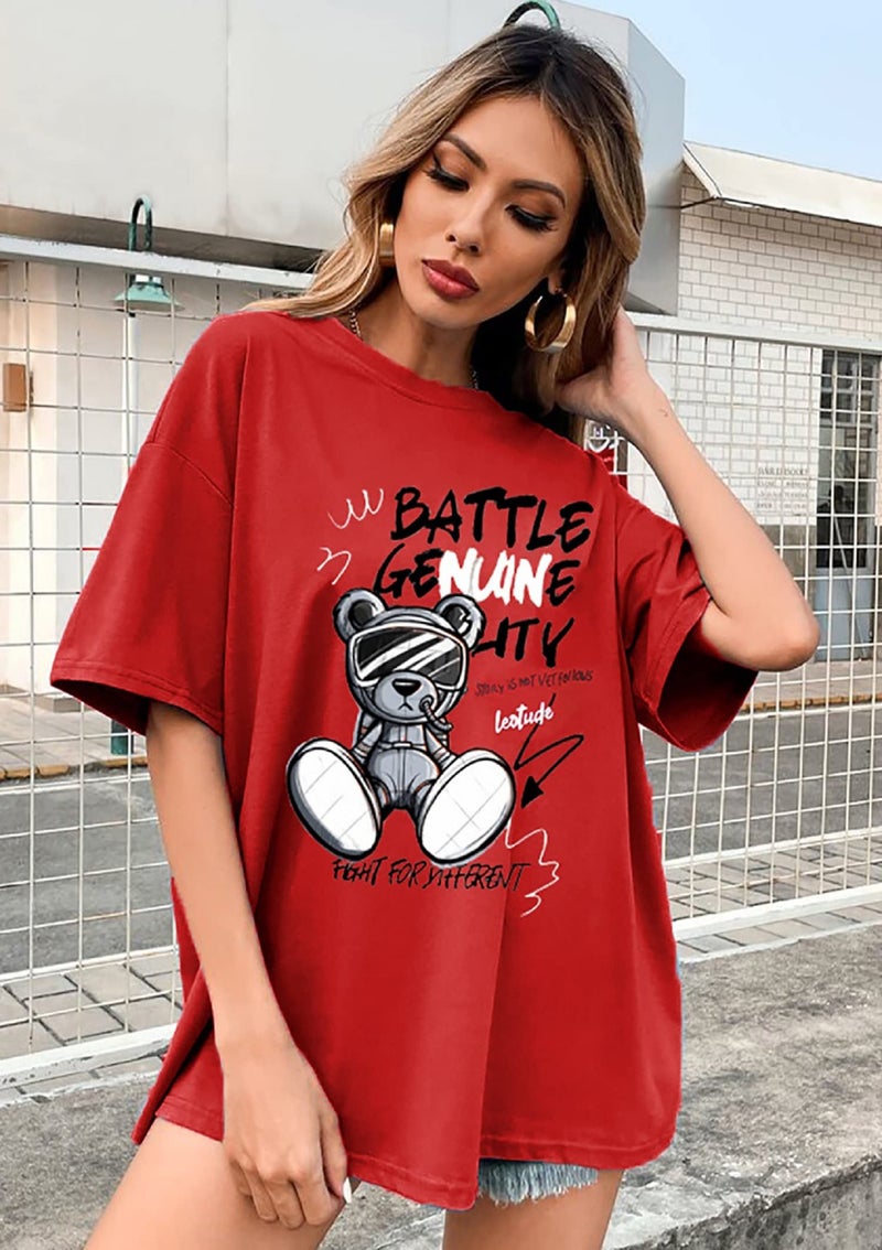 LEOTUDE Cotton Blend Printed Half Sleeve Oversized T-Shirts for Women (Color: Red, Size: Medium) - Image 3