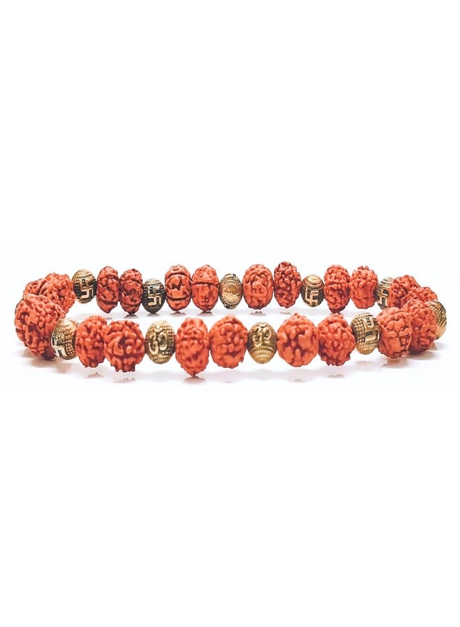 Gemaltic Healing Crystals Rudraksha Bracelet 6MM to 6.5MM - Natural Certified Indonesia Beads for Meditation, Yoga & Spiritual Healing 5 Mukhi (Swastik & Om) - Image 1