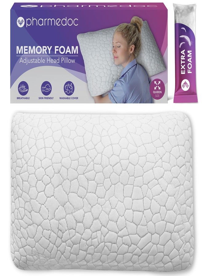 Pharmedoc Adjustable Shredded Memory Foam Bed Pillow - Perfect for Side Sleeper - Rectangular - Neck Support for Pain Relief - Queen Size - Extra Filling Pack - Image 1